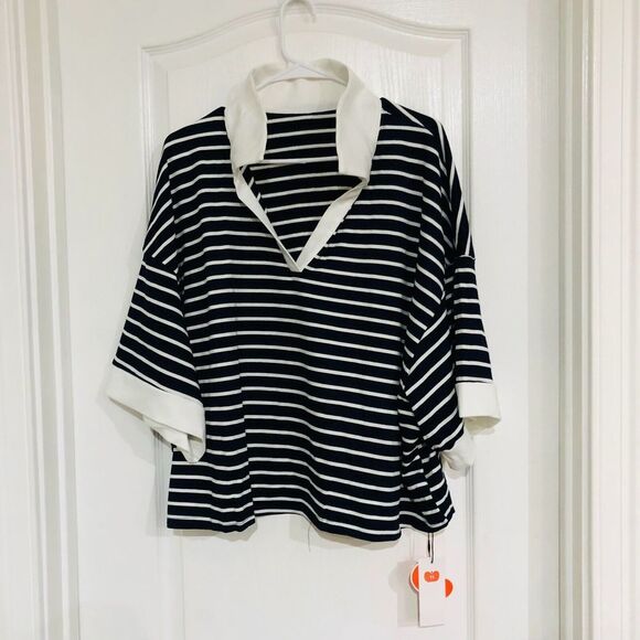 Cider Contrast Striped Collared Short Sleeve Tee Women's Top‎ Blue White 4XL NWT - Picture 3 of 7